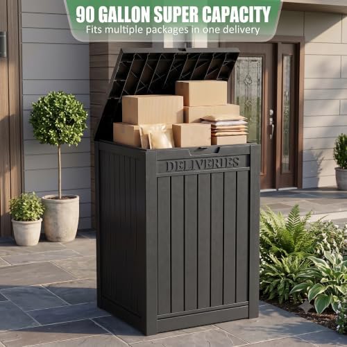 easyup package delivery boxes for outside, 90 gallon shown in use