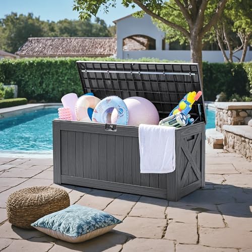 greesum 120 gallon deck box, resin outdoor storage showing dimensions