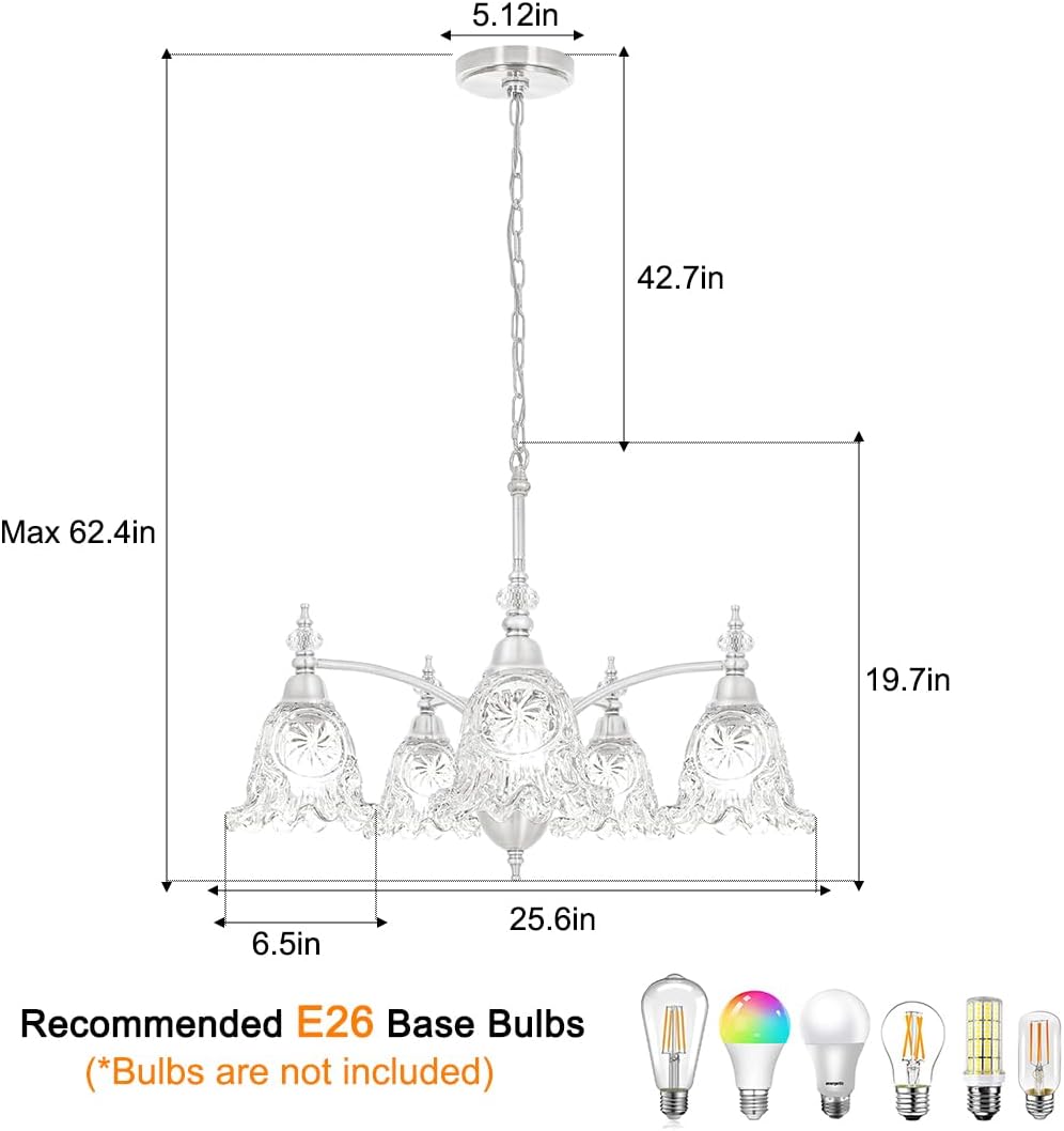 Vintage 5 Light Chandelier, Brushed Nickel Dining Room Light Fixtures Over Table, Farmhouse Glass Chandelier Ceiling Light Fixture for Kitchen, Dinning, Foyer, Bathroom, Living Room