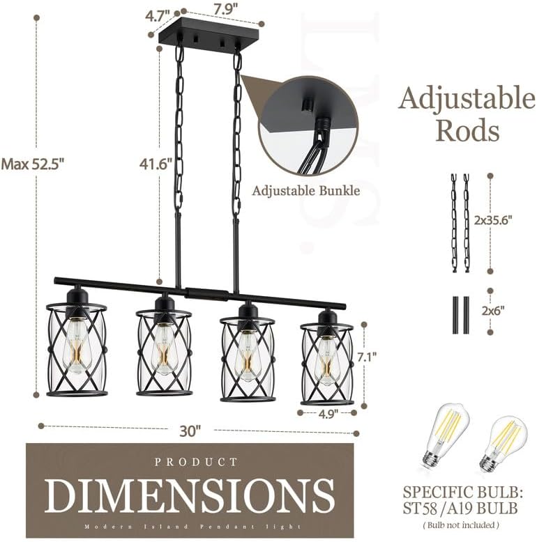 4-Light Kitchen Island Lighting, Modern Black Dining Room Light Fixtures with Clear Glass, Farmhouse Industrial Linear Chandelier Pendant Light with Adjustable Chain, CH9176BK-4IS