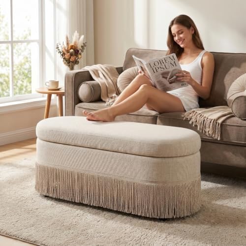 39.4“ boho storage ottoman bench with tassels,upholstered end, view 10