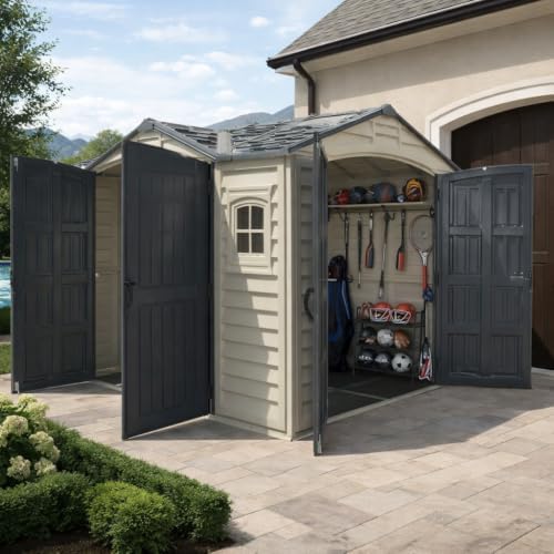 duramax apex pro 10.5x8 dual-access vinyl storage shed, side view