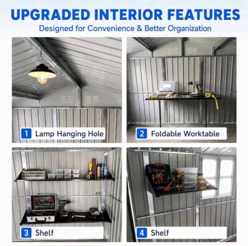10x12 ft outdoor storage shed, large metal garden, close-up detail