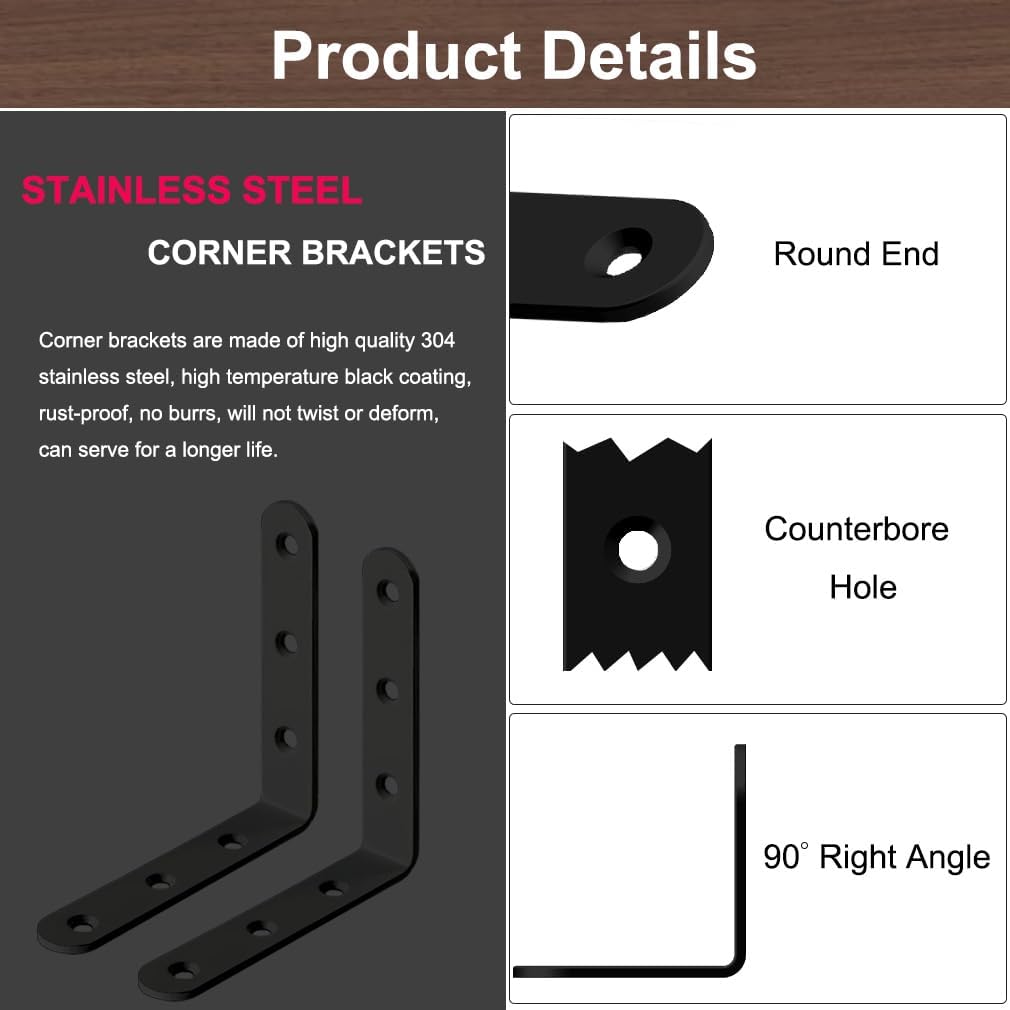 Black L Bracket 4 Inch Stainless Steel Corner Braces, 8 Pack 100x100mm 90 Degree Right Angle Joint Brackets for Wood Shelves Cabinets, with Screws