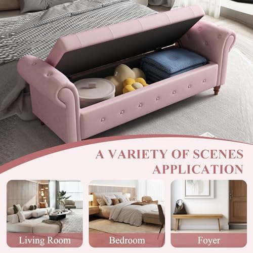 63'' storage ottoman bench, upholstered bed bench, pink, front angle view