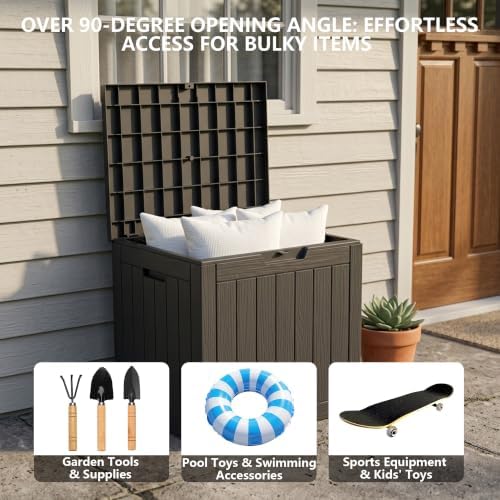outdoor storage box, 35 gallon waterproof deck box on a desk or shelf