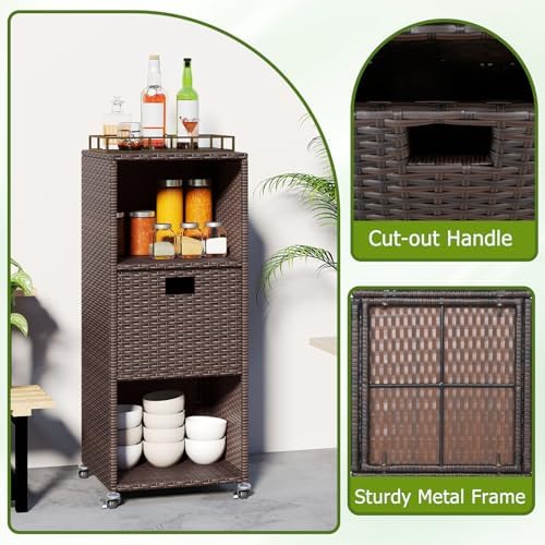 happygrill outdoor storage cabinet with wheels, pe rattan, front angle view