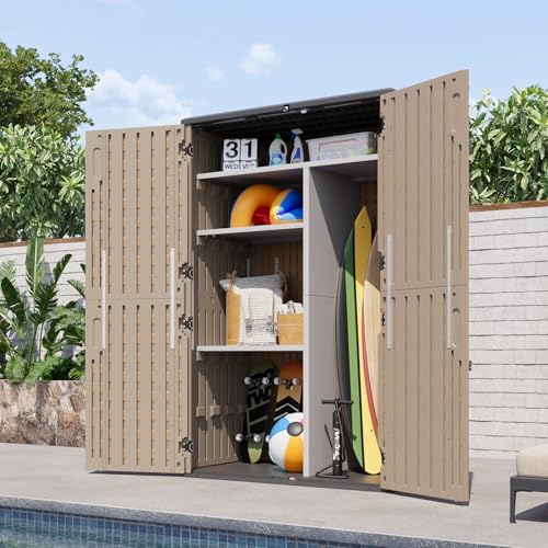 aoxun 64 cu.ft waterproof resin outdoor shed with on a desk or shelf