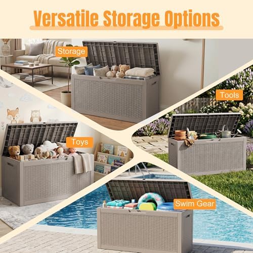 outdoor storage box,100 gallon waterproof resin patio deck showing dimensions