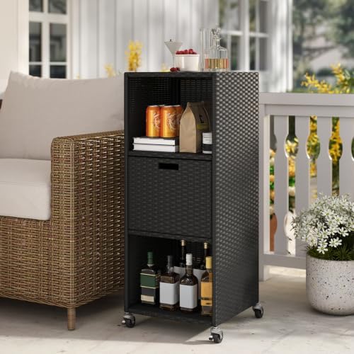 tangkula rattan outdoor storage cabinet with 4 wheels shown in use
