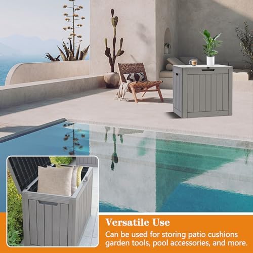 31 gallon waterproof storage deck box with lockable on a desk or shelf