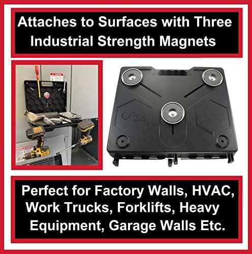 the omnishelf portable workstation, magnetic toolbox, laptop stand showing dimensions