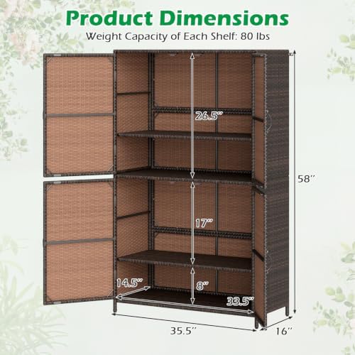 tangkula rattan outdoor storage cabinet with 2 adjustable showing dimensions