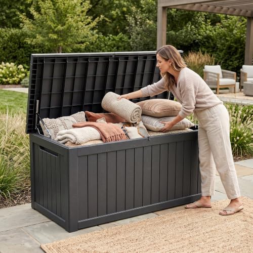 320 gallon outdoor deck box, lockable waterproof outdoor, front angle view