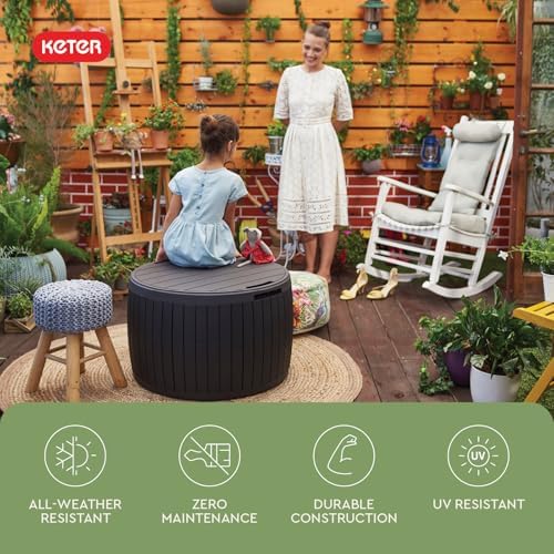 keter circa outdoor storage deck box, 37 gallon showing dimensions
