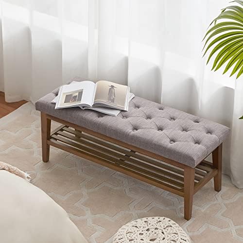 huimo upholstered entryway shoe bench, button tufted end showing dimensions