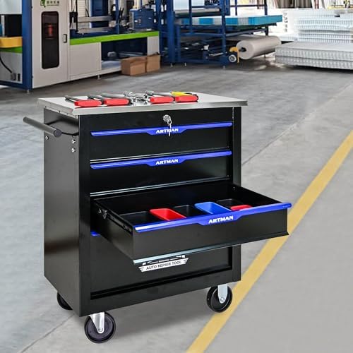 4-drawer heavy-duty rolling steel tool cart with handle&wheels, front angle view