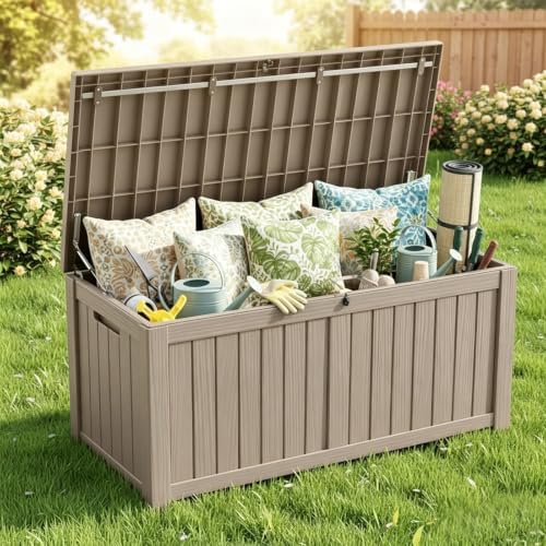 152 gallon resin outdoor storage box, waterproof deck, front angle view