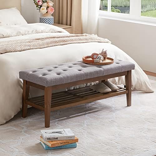 huimo upholstered entryway shoe bench, button tufted end on a desk or shelf