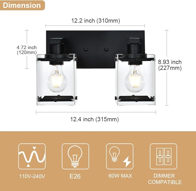 WINSHEN Black 2-Light Wall Sconce Bathroom Light Fixture, Rectangular Clear - Image 5