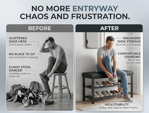 finnhomy entryway shoe rack with cushioned seat, shoe showing dimensions