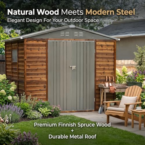 8x6 ft outdoor sotrage shed, iron wood combination shown in use