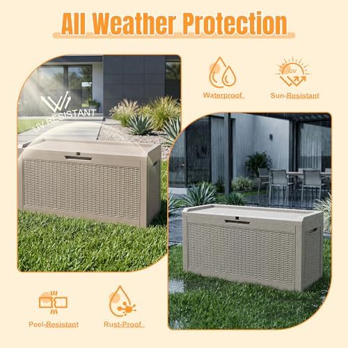 outdoor storage box,100 gallon waterproof resin patio deck shown in use