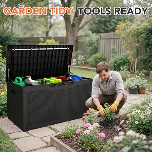 105 gallon deck box outdoor indoor waterproof storage shown in use