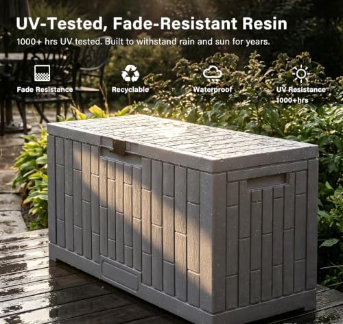lausaint home 80 gallon resin deck box, package showing dimensions