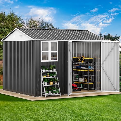 dwvo 10x8ft metal outdoor storage shed with window, close-up detail