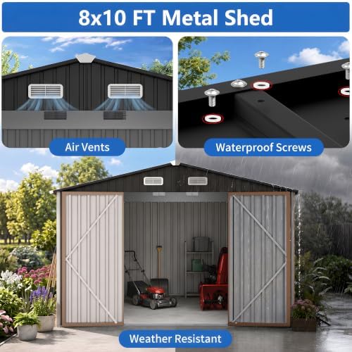 10x8 ft outdoor storage shed, metal garden shed, close-up detail