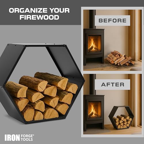 iron forge tools firewood rack, 30 inch hexagon, side view