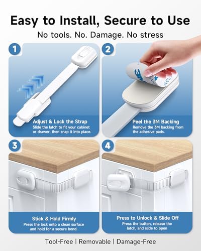 Infinno Cabinet Locks for Baby Proofing, Child Safety Latches, 12 Pack | No drill 3M adhesive, heavy duty hold, fits drawers, cupboards and fridge, installs in minutes, keeps toddlers and pets out