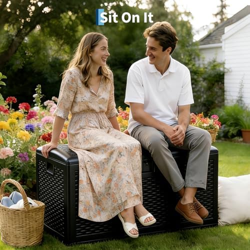 120 gallon waterproof large resin deck box indoor, side view
