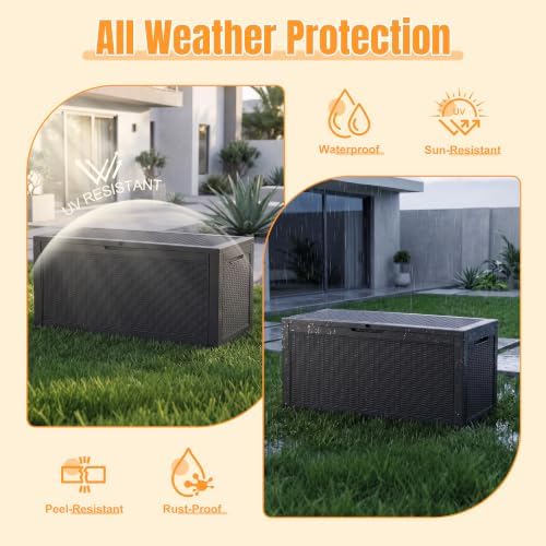 outdoor storage box, 160 gallon waterproof resin deck, side view