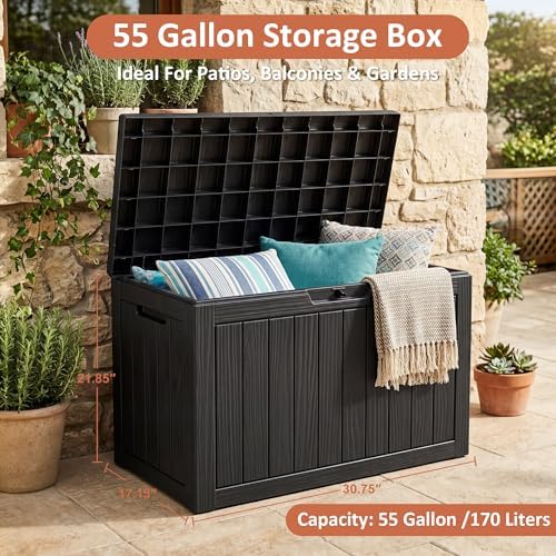 55 gal outdoor storage box waterproof lockable deck showing dimensions