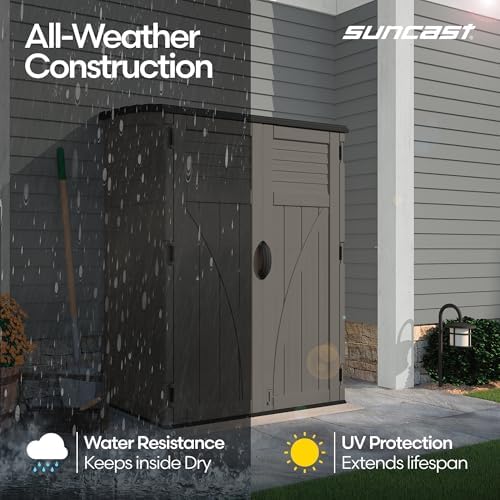 suncast 54 cu ft medium vertical storage shed showing dimensions