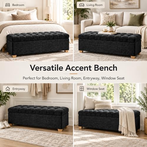 60" storage bench, modern glam chenille ottoman for showing dimensions
