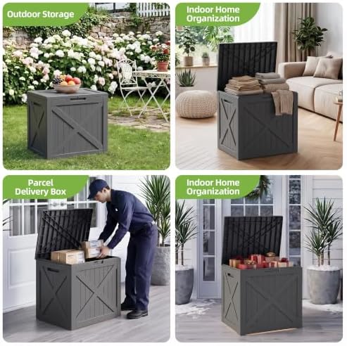 rojik 56 gal waterproof deck box, compact outdoor showing dimensions