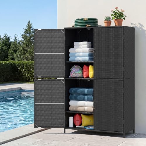 tangkula rattan outdoor storage cabinet, patiojoy outdoor cabinet, front angle view