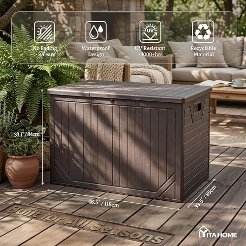 yitahome 230 gallon extra large outdoor storage box shown in use
