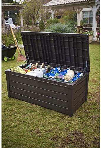 keter brightwood waterproof outdoor storage deck box, 120 showing dimensions