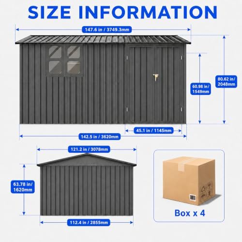 10x12 ft outdoor storage shed, large metal garden, side view