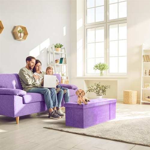 sorbus collapsible storage ottoman bench (purple, 15" d, side view