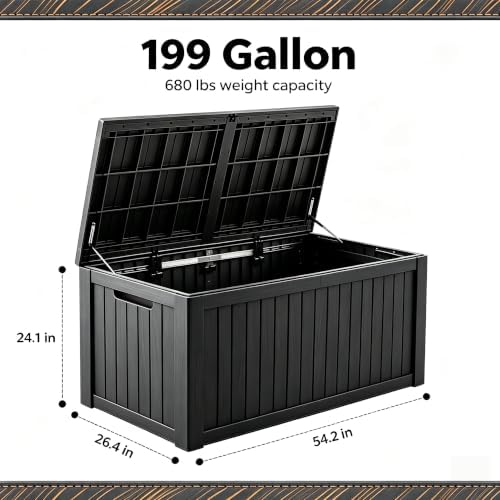 199 gallon large resin outdoor storage box, waterproof showing dimensions