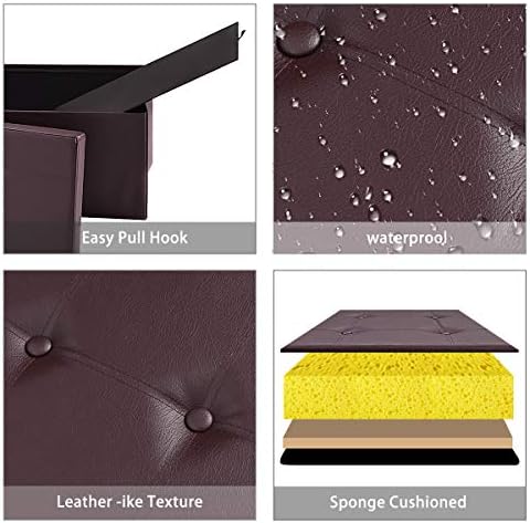 43" folding storage ottoman bench, faux leather storage, side view