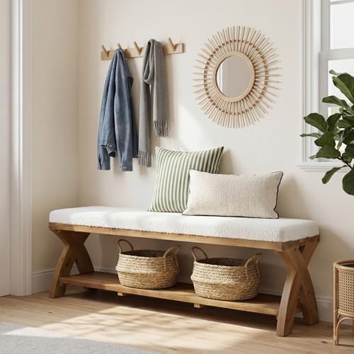 solid wood shoe bench with cushion padded seat on a desk or shelf