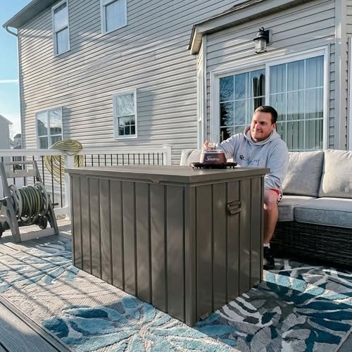 purple leaf outdoor deck box 150 gallon, waterproof shown in use