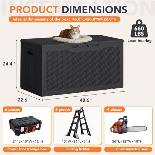 105 gallon deck box outdoor indoor waterproof storage on a desk or shelf