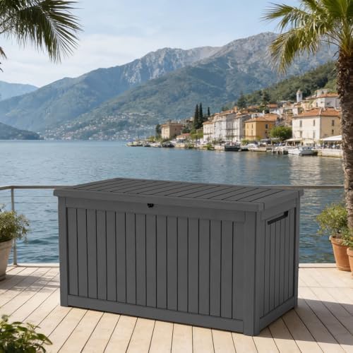 outdoor waterproof resin storage deck box lockable outside on a desk or shelf
